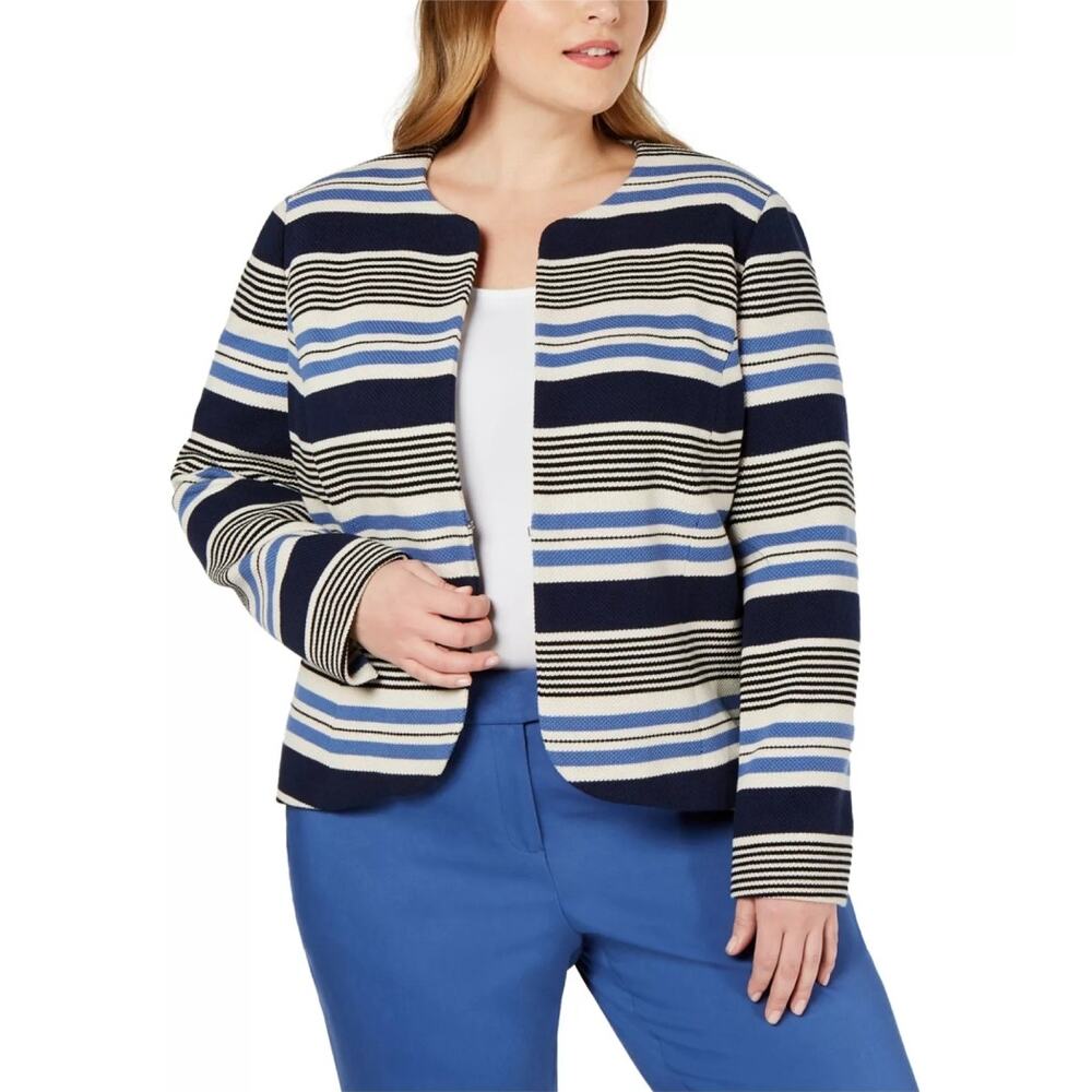 Anne Klein Womens Tulip Jacket Blue & Cream Stripe Corpcore Career Office Sz 12